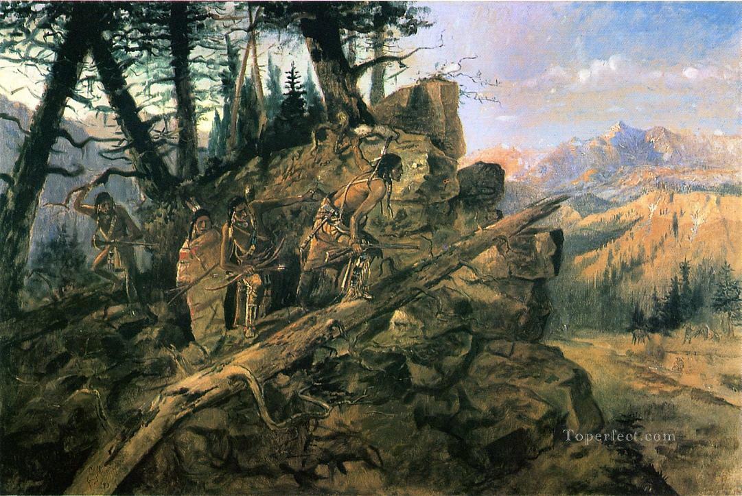 pillage à l’horizon 1903 Charles Marion Russell Indiens d’Amérique Peintures à l'huile